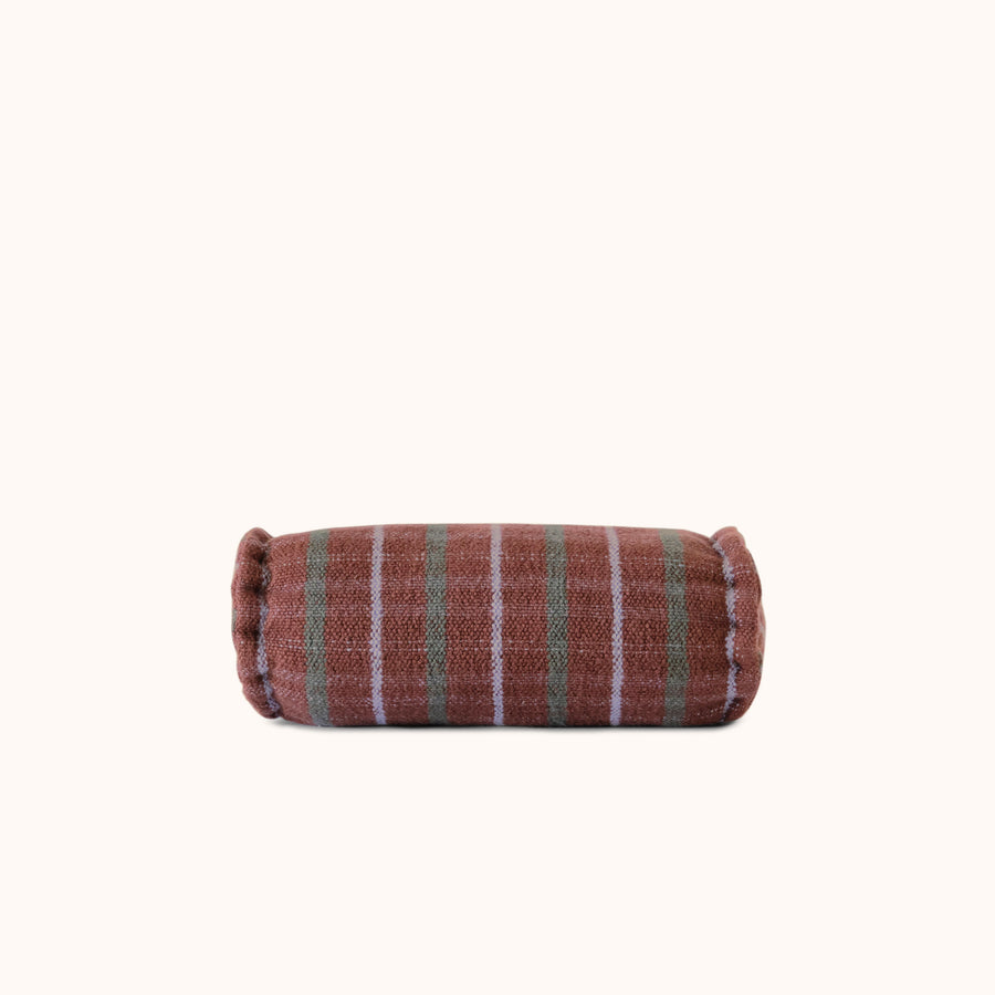 Brown cylindrical bolster featuring green and lavender check pattern on a white background.