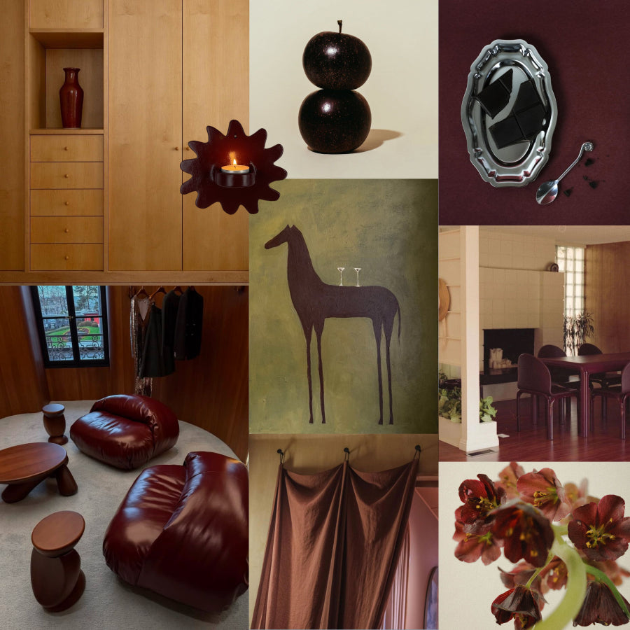 A 3x3 collage of interior design and decor photos featuring warm brown tones, including a wooden cabinet, dark glass vessels, a decorative mirror, leather seating, a giraffe wall hanging, a dining room, draped fabric, and dark red flowers.