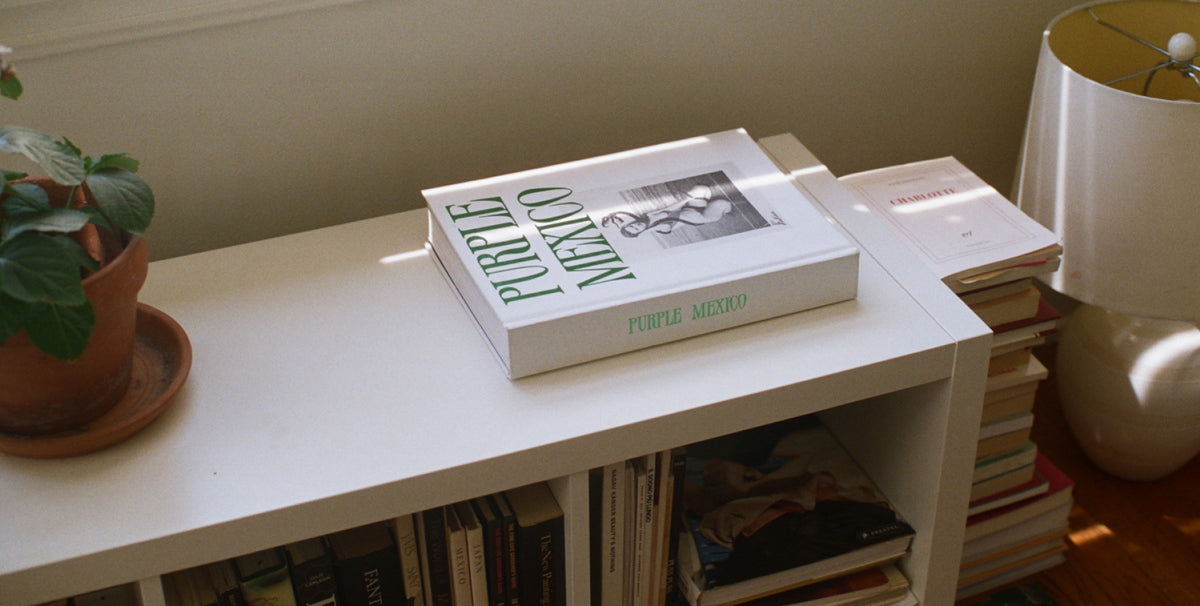A white hardcover book titled 'Purple Mexico' sits on a white bookshelf in a home setting, surrounded by other books, a potted plant, and a lamp.